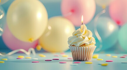 party concept for cupcake with candle on blue background with balloons, in the style of romantic soft focus and ethereal light, light yellow and light pink, 