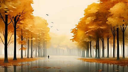 A landscape of yellowish trees in the season of autumn  - obrazy, fototapety, plakaty