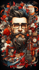 Barber shop collage: A bearded hipster portrait with a mix of various elements in a composition in cartoon style.
