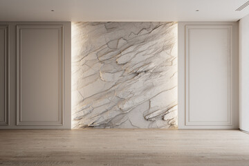 Contemporary white beige empty interior with rock stone wall and moldings. 3d render illustration mockup.