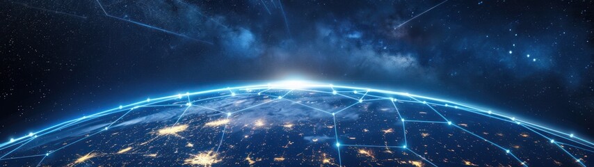 A night view of the earth, illuminated by city lights, connected by blue lines. The background features a starry sky. - obrazy, fototapety, plakaty