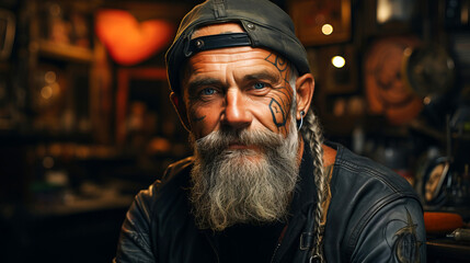 Fototapeta premium Portrait of tattoo artist sitting at his workplace in tattoo studio.