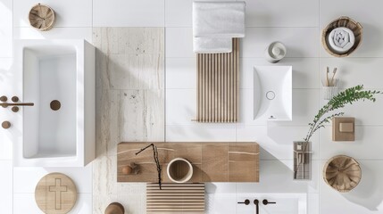 mood board for a bathroom design project, white tiles, wood finished, warm lighting  - obrazy, fototapety, plakaty