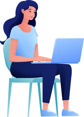 A woman, person, using a laptop computer cartoon illustration. Possibly remote working online from home or running a business as an entrepreneur or freelancer. Could also be a college student studying