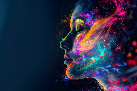 profile portrait of a beautiful woman made from colorful abstract digital paint splashes, with a black background, in the style of a space nebula effect