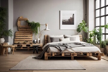 Modern bedroom in a loft Urban apartment with pallet bed scandinavian eco design.