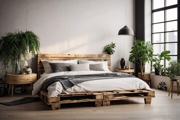 Modern bedroom in a loft Urban apartment with pallet bed scandinavian eco design.