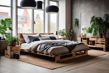 Modern bedroom in a loft Urban apartment with pallet bed scandinavian eco design.