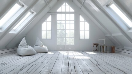 modern attic white interior, Modern interior design Triangle attic room in modern vintage style,Interior of attic room with white walls, wooden floor and ceiling ,3d rendering design concept
