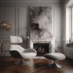 Elegant Living Room with Armchair and Fireplace, Featuring Marble Wall in Grey, Silver, and Blue Tones