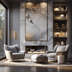 Elegant Living Room with Armchair and Fireplace, Featuring Marble Wall in Grey, Silver, and Blue Tones