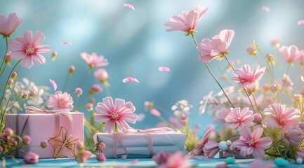 pink flowers with gifts on table hd wallpaper, in the style of rendered in cinema4d, light silver and azure, ethereal illustrations, tranquil gardenscapes, colorful layered forms, backlit photography