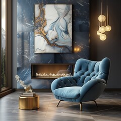 Elegant Living Room with Armchair and Fireplace, Featuring Marble Wall in Grey, Silver, and Blue Tones