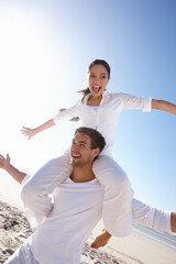 Airplane, piggyback or happy couple on a beach for vacation or love with support, loyalty or...