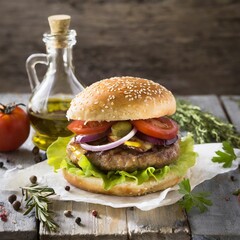 Irresistible Burger Feast: Aromatic Cutlet with Fresh Veggies and Lettuce