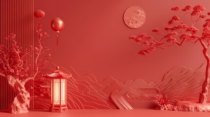 Traditional light red lantern relief mural poster background