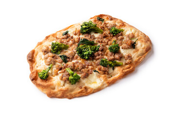 Pinsa romana condita con mozzarella, salsiccia di maiale e broccoli, cibo italiano