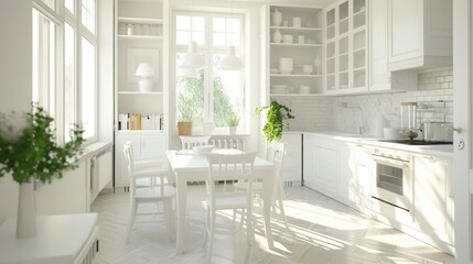 Modern new bright kitchen interior with white furniture and a dining table, Interior design of a kitchen minimal style ,Classic kitchen interior designed in modern style.
 - obrazy, fototapety, plakaty