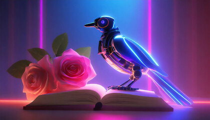 Robotic bird on book and roses