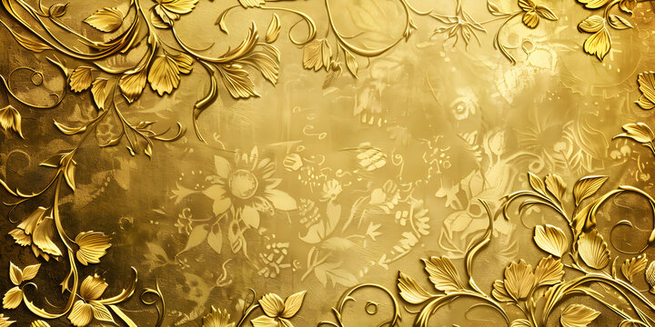 Background texture of golden wallpaper with scrollwork bright golden ornamental wall background.