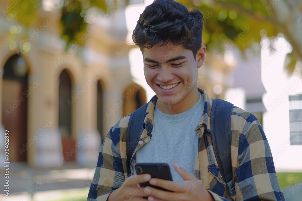 Wall mural smiling young hispanic male student using phone, typing message, checking and reading news, walking 