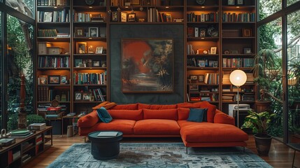 Cozy Home Library with Red Sofa and Large Windows
