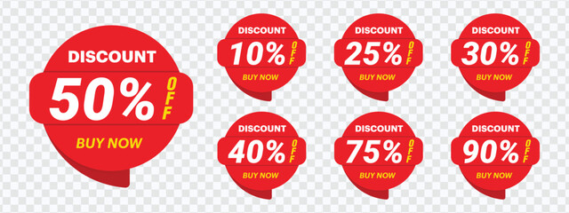 "Different Percent Discount Sticker Discount Price Tag Set - Red Round Speech Bubble Shape Promote Buy Now"