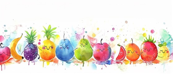 Obraz na płótnie Canvas Quirky watercolor fruit characters in a band, vivid colors, dynamic composition, festive atmosphere, front angle , 8K resolution
