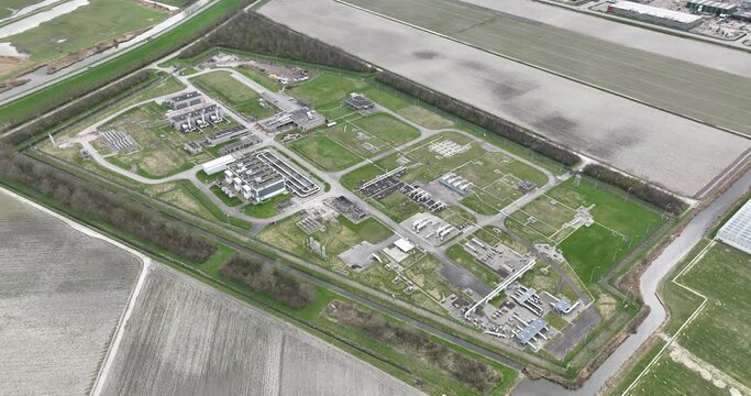 Aerial drone view of Wieringermeer, The Netherlands, natural gas storage and mixing with nitrogen. Site recently expanded to phase out gas extraction in Groningen. Nitrogen is mixed with high