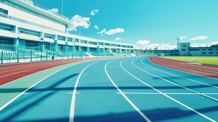 run at the school stadium,simple background, light blue and white and green,High angle view,Minimalism, ultra resolution 