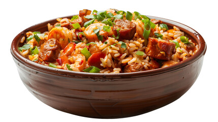 Jambalaya rice food on bowl, isolated white background