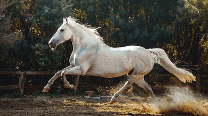 sideview of a white horse jumping and running  