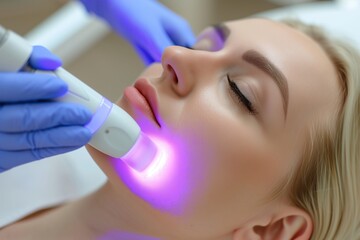 Young woman receiving laser treatment in cosmetology clinic - obrazy, fototapety, plakaty