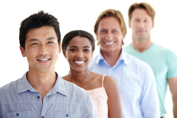 Obraz premium Professional, people or portrait of team with smile for community, diversity or population on white background. Collaboration, happy or partnership in creative career with staff, employees or workers