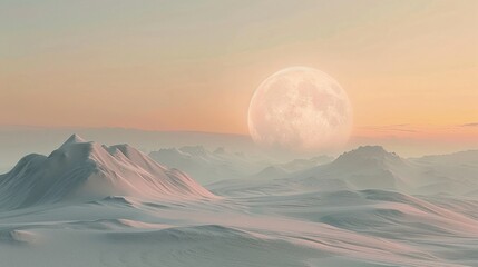 Muted tone desert landscape, giant moon on horizon, ethereal glow, tranquil scene, front view , 8K cimenatic