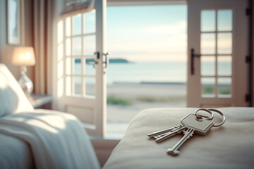 Keys in new apartment or hotel room overlooking the sea. Panoramic sea views, luxury vacation rental or buying overseas property on sea