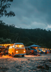 Camper van at beach side event. Outdoor party. Atmospheric ambient lighting. Van life. Explorers.