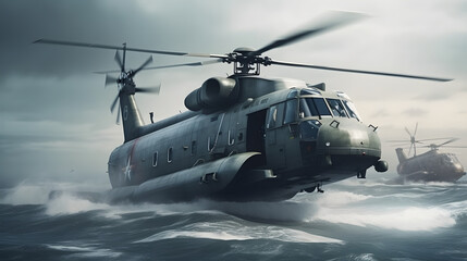 military ship carrying helicopter and chopper - obrazy, fototapety, plakaty
