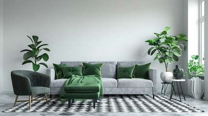 Sofa with green pillows and blanket standing in open space living room interior with grey armchair and footrest, black and white carpet and fresh plants