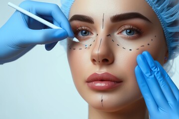The cosmetologist makes markings on the patient's face, drawing correction lines before the facial contouring procedure or plastic surgery. preparation time for cosmetic treatment. - obrazy, fototapety, plakaty