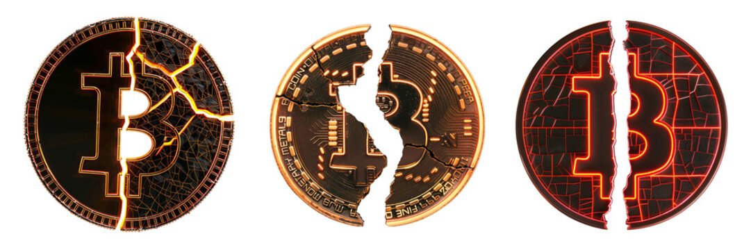 Set of dark Bitcoin crypto coins cracked in two parts. BTC halving, reward for cryptocurrency mining is cut in half concept. Isolated cut-out with transparent background