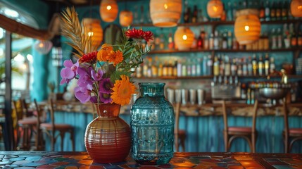 Colorful Flower Arrangement in Vase on Restaurant Bar Counter