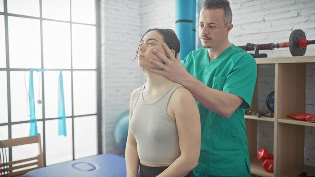 A male physiotherapist examines a female patient's neck in a brightly lit rehabilitation center.