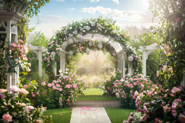 Wedding ceremony background decoration with plant and bouquets flowers, empty scene for wedding in the garden, beautiful event in outdoor and open air. - obrazy, fototapety, plakaty