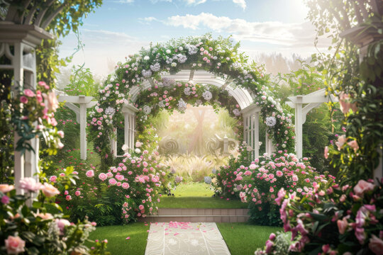 Wedding ceremony background decoration with plant and bouquets flowers, empty scene for wedding in the garden, beautiful event in outdoor and open air.