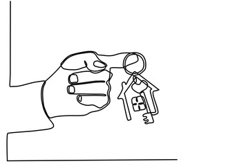 Continuous one line drawing hand holding a house key with clipping path. Real estate. Female hand holding key from house isolated on white. Buying the house. Single line draw design vector graphic