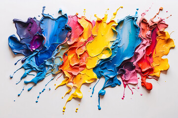 A lively splatter of paint colors creating an energetic and spontaneous artwork on a pristine white background