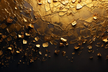 Artistic image of pieces of broken gold foil scattered on a dark surface, highlighting contrast and drama - obrazy, fototapety, plakaty