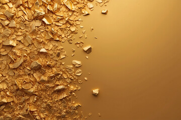 A luxurious image showcasing scattered gold flakes on a smooth gradient golden background, depicting opulence