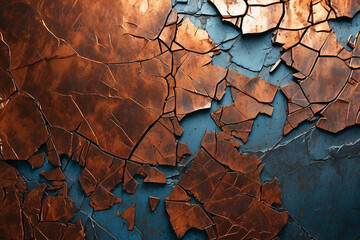 This vibrant image brings to life the deep textures of a burnt orange and blue cracked surface, symbolizing change and decay